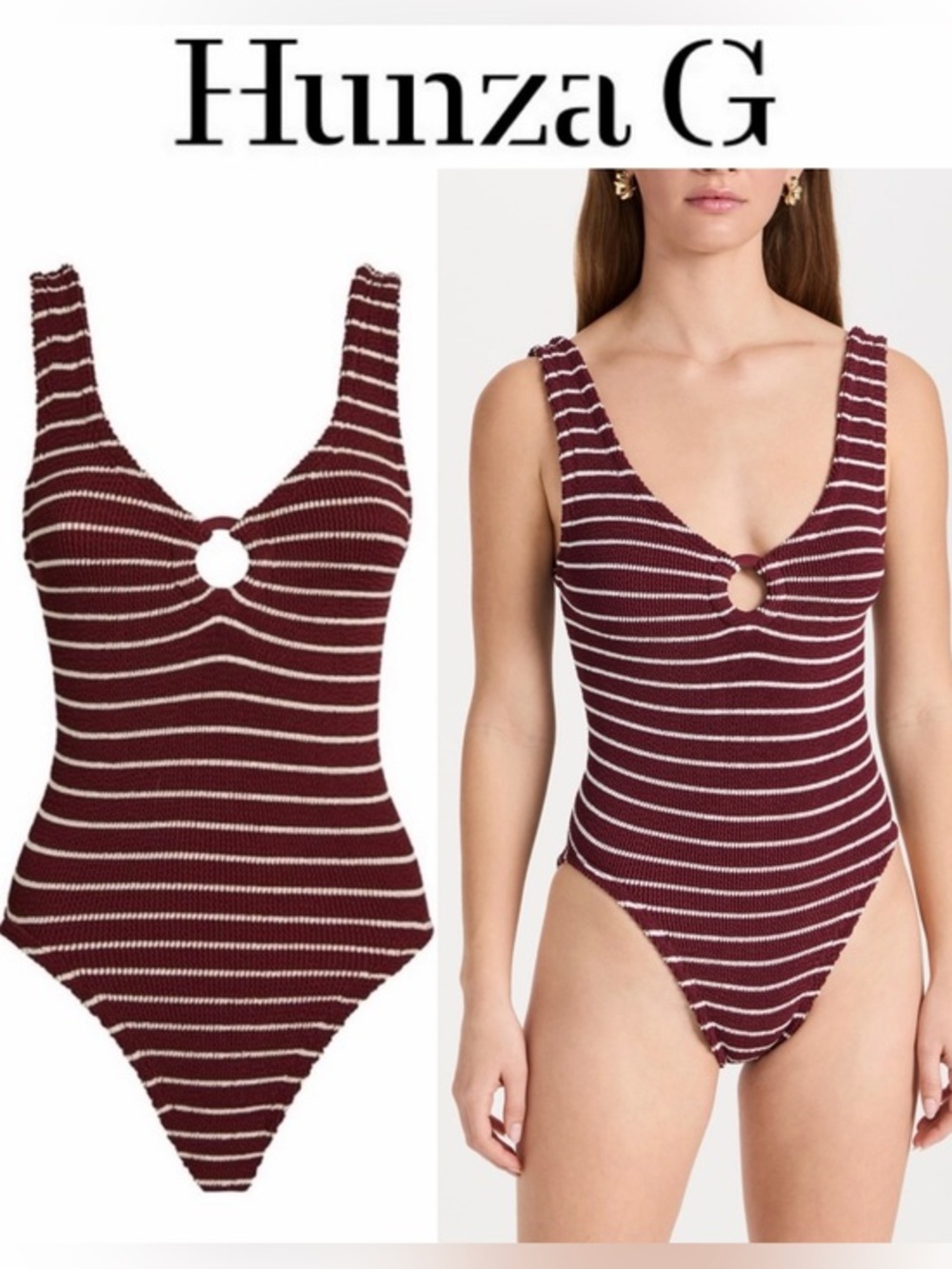 NWT Hunza G Striped Celine One Piece Swimsuit Wine/white OS NWT $270